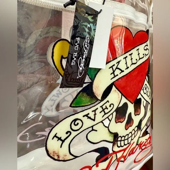 NWT Ed Hardy BIG clear stadium bag PVC Zip tote Leather Trim ~ Love Kills Slowly - Picture 9 of 16